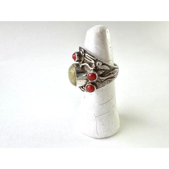 Red Coral Chatoyant Honey Yellow Calcite Hand Carved Sterling 925 Silver Ring - Picture 2 of 7